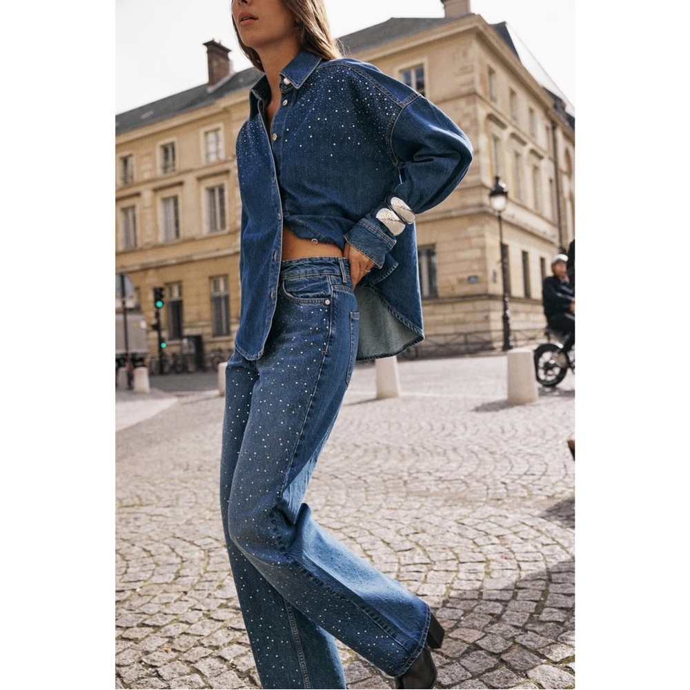 Zara Rhinestone Straight Leg Jeans XS 24 US 2 | High Rise Blue Y2K Party Denim - Picture 13 of 14